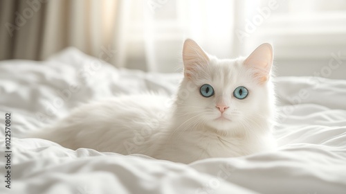 Wallpaper Mural A white cat with blue eyes lays on a white bedspread. Torontodigital.ca