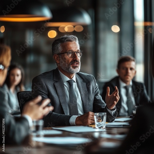 A CEO addressing the board of directors in a high-end office setting photo