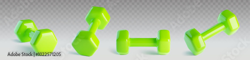 Green dumbbell for gym exercise in different angles on transparent background. Realistic 3d vector set of flying sport weight equipment for fitness and yoga training, healthy and active lifestyle.