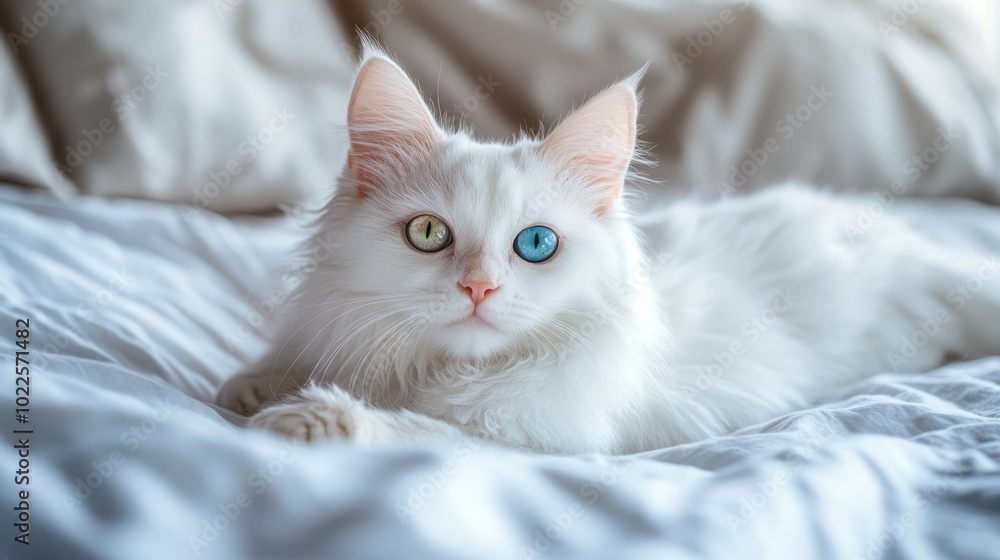 A white cat with heterochromia (one blue and one green eye) lies on a white bed, looking at the camera. A white cat with heterochromia (one blue and one green eye) lies on a white bed, looking at the camera.