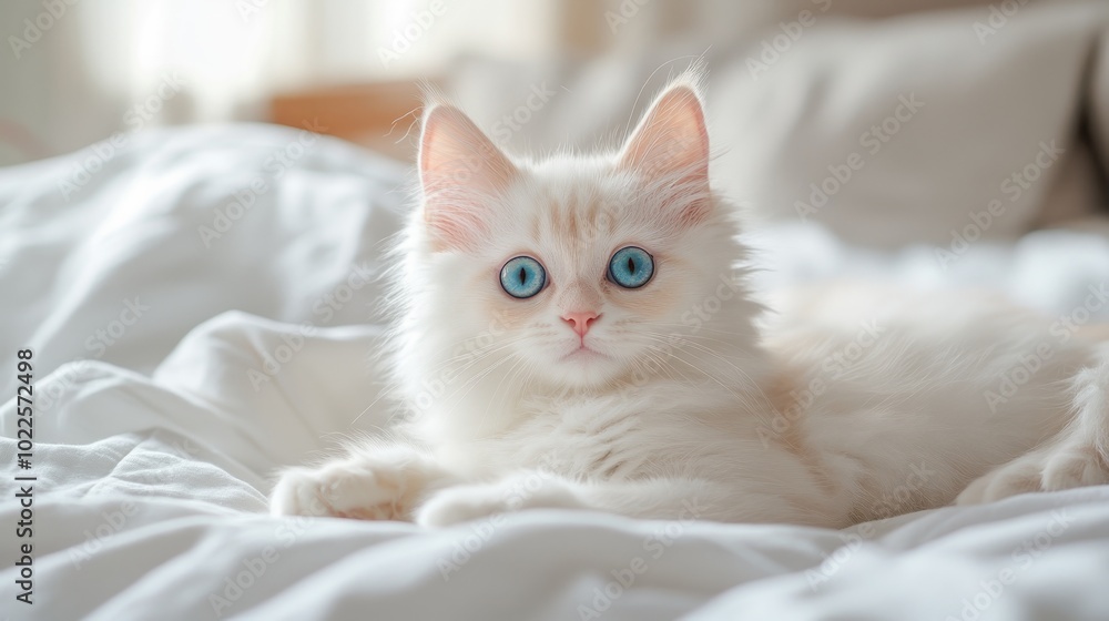 A white kitten with bright blue eyes lays on a white bedspread. A white kitten with bright blue eyes lays on a white bedspread.