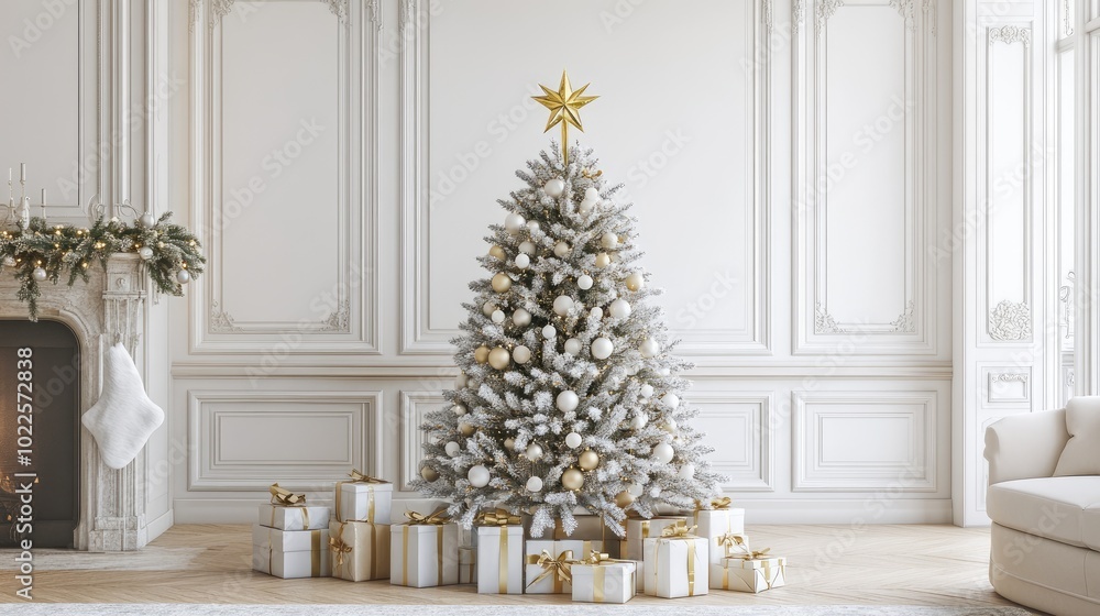 Festive Christmas Tree with Gifts in Elegant Setting Festive Christmas Tree with Gifts in Elegant Setting