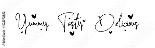 yummy tasty delicious sign on white background	