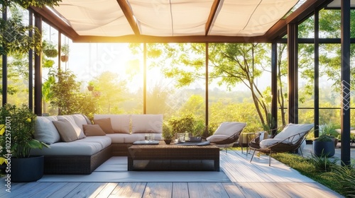 Modern summer terrace under a vibrant canopy, featuring stylish outdoor furniture, lush greenery, and a serene atmosphere for relaxation and gatherings.