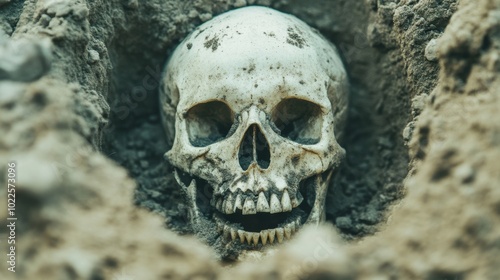 A skeleton appears to rise from the soil, its eerie grin visible amid the dark earth, creating a chilling and unsettling atmosphere