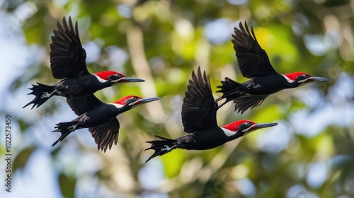 Vibrant Woodpeckers in Flight Above Green Foliage photo