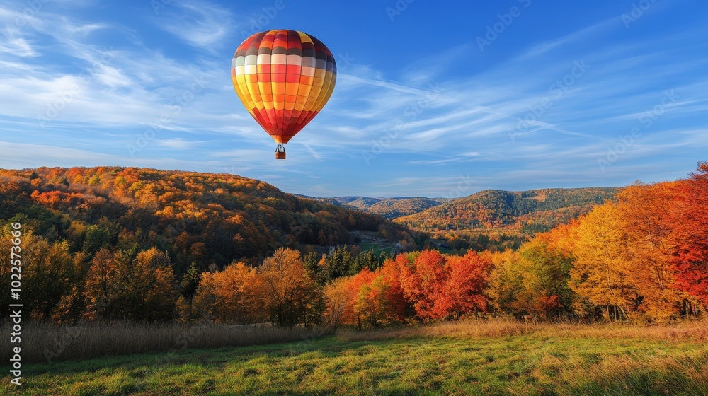 Fototapeta premium Hot air balloon over fall foliage.