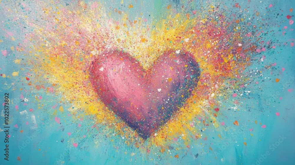This artwork features a vivid heart surrounded by an explosion of bright colors, creating a lively and joyful atmosphere This artwork features a vivid heart surrounded by an explosion of bright colors, creating a lively and joyful atmosphere