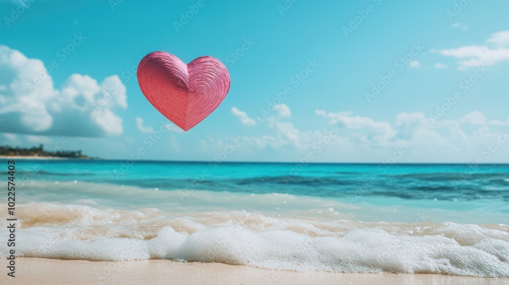 Pink heart over foamy waves on a beach. Pink heart over foamy waves on a beach.
