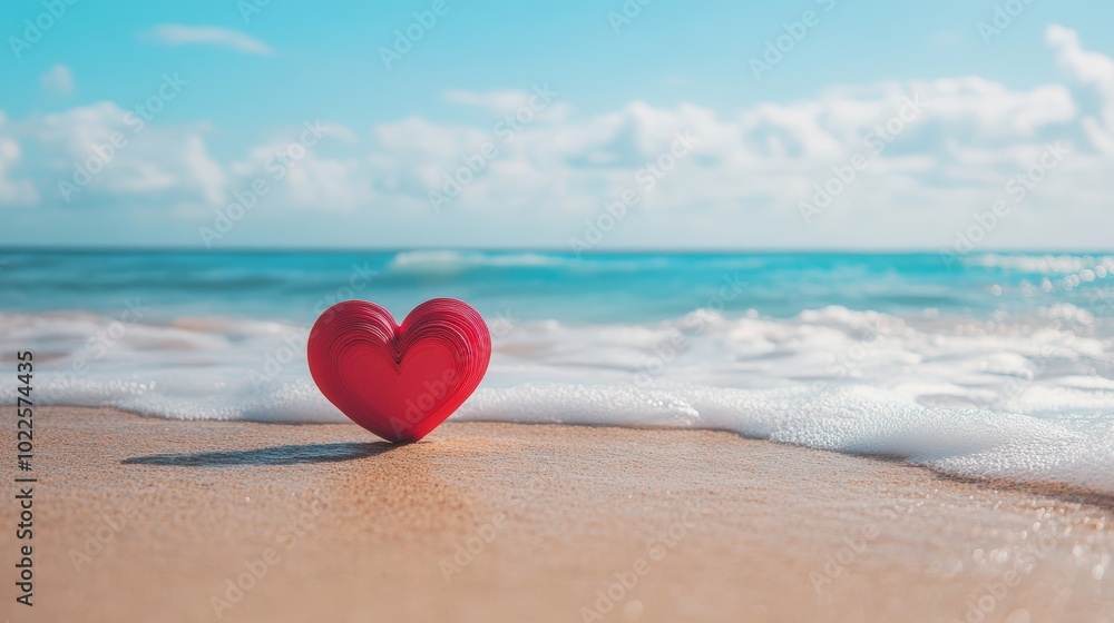 Red heart on a sandy beach with ocean waves. Red heart on a sandy beach with ocean waves.