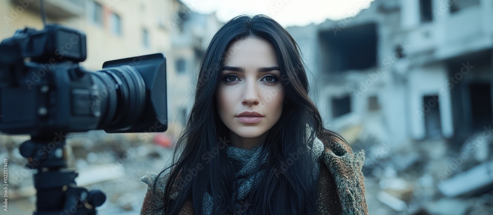 Young woman with long dark hair looking at the camera in front of a destroyed building. Young woman with long dark hair looking at the camera in front of a destroyed building.