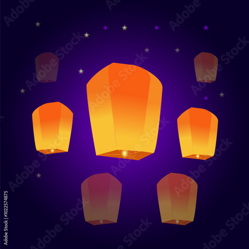 Fire Lanterns Floating up into the sky is reflection in the water at night at Loi Krathong Festival Travel Destinations Of Laos