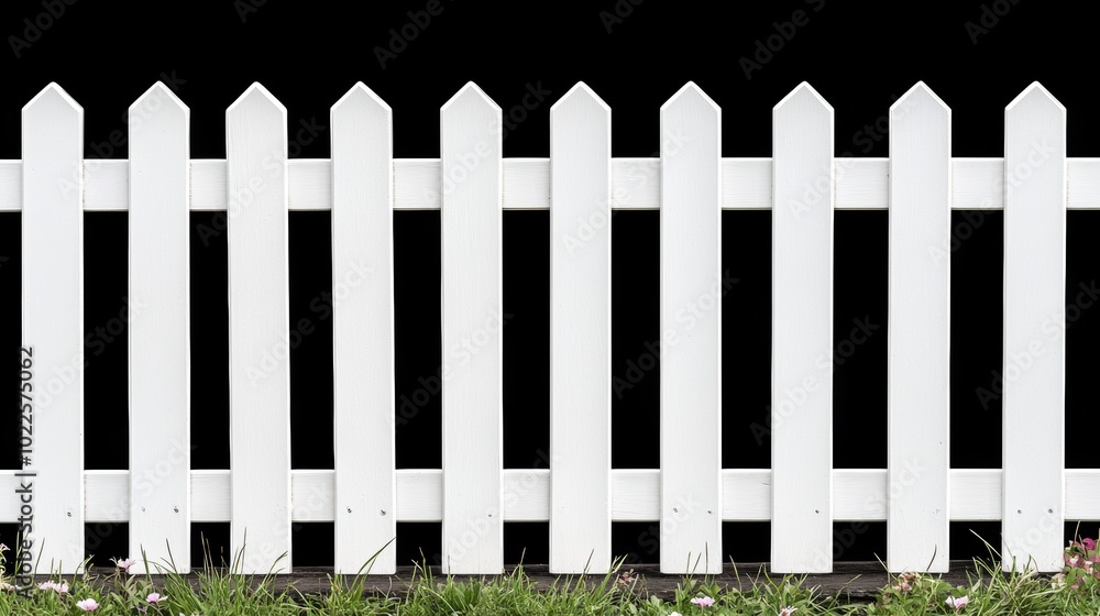 White Wooden Fence with Grass and Black Background White Wooden Fence with Grass and Black Background