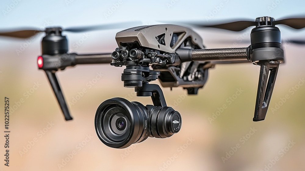 Drone with Camera in Focus Against Clear Background Drone with Camera in Focus Against Clear Background
