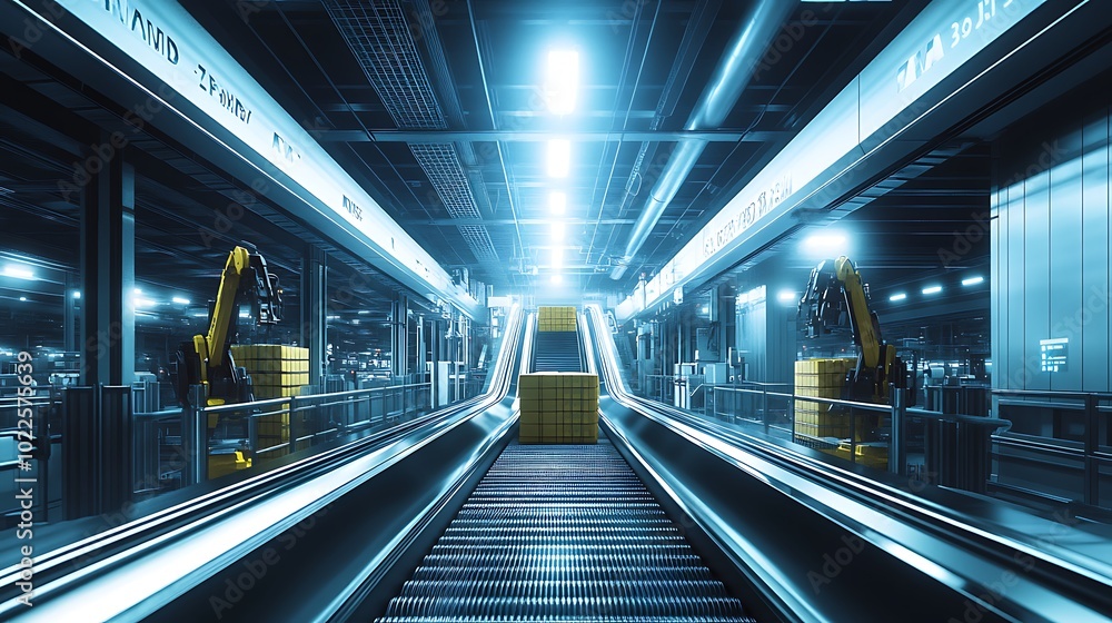 Futuristic Factory: Exploring Modern Industrial Automation with Moving Escalators and Robotic Arms Futuristic Factory: Exploring Modern Industrial Automation with Moving Escalators and Robotic Arms