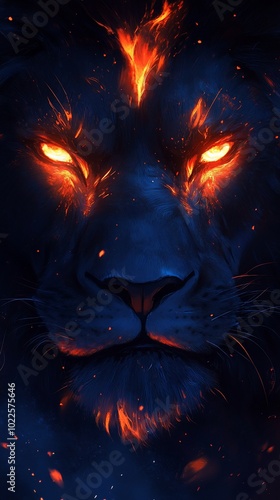 Fiery lion with blazing eyes and fur.