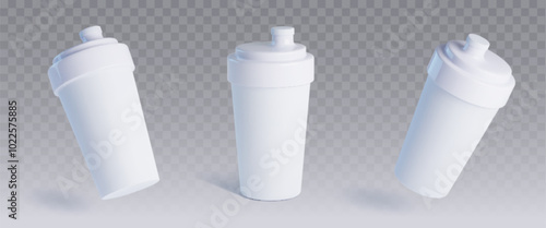 White protein cocktail shaker plastic bottle in different angles on transparent background. Realistic 3d vector illustration set of gym and fitness sport water reusable container mockup for branding.