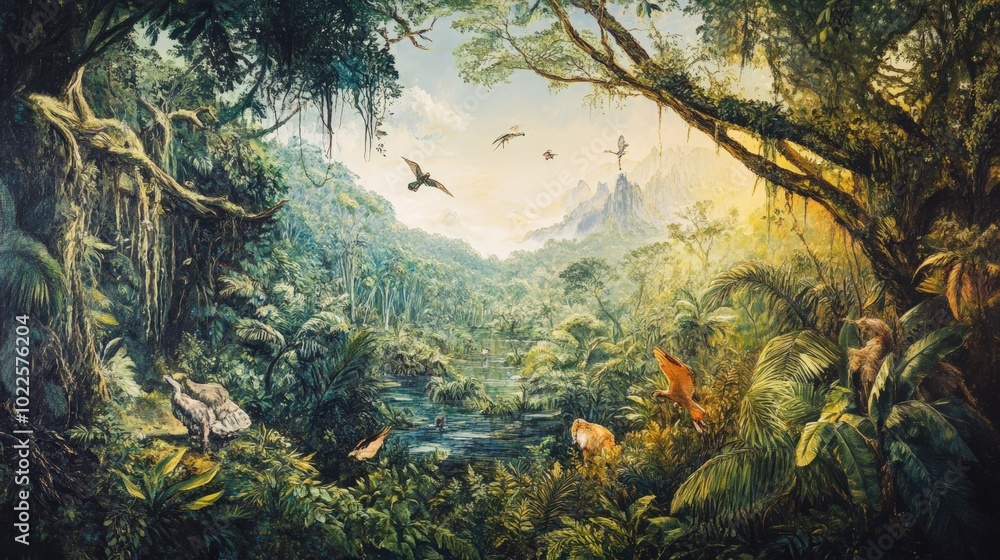 Jungle painting with birds and a river. Jungle painting with birds and a river.