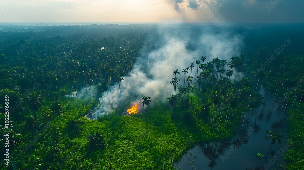 Fototapeta premium Aerial view of a forest fire burning in a lush jungle landscape.