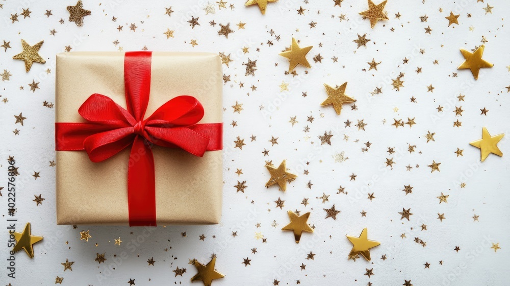 Beautiful Gift Wrapped with Red Bow and Golden Stars Beautiful Gift Wrapped with Red Bow and Golden Stars