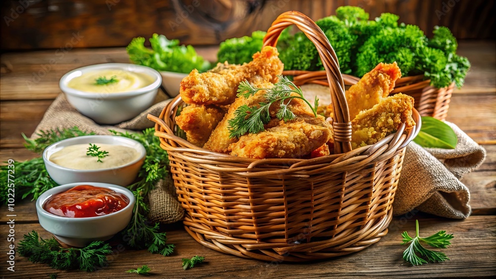A rustic basket brimming with golden, crispy fried food, nestled amongst fresh herbs and accompanied by three dipping sauces, creating a feast for the senses. A rustic basket brimming with golden, crispy fried food, nestled amongst fresh herbs and accompanied by three dipping sauces, creating a feast for the senses.