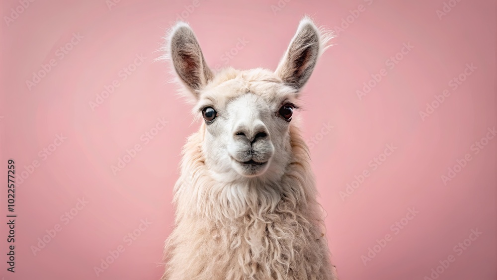 A fluffy white llama with large, expressive eyes gazes directly at the camera, set against a soft pink backdrop, evoking a sense of playful curiosity and gentle charm. A fluffy white llama with large, expressive eyes gazes directly at the camera, set against a soft pink backdrop, evoking a sense of playful curiosity and gentle charm.