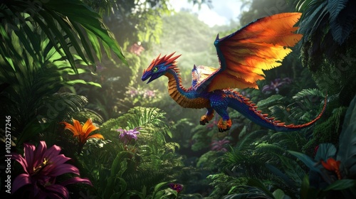 Colorful dragon flying through lush jungle.