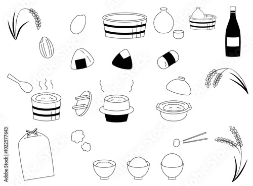 お米とごはんの線画ベクターイラストセット