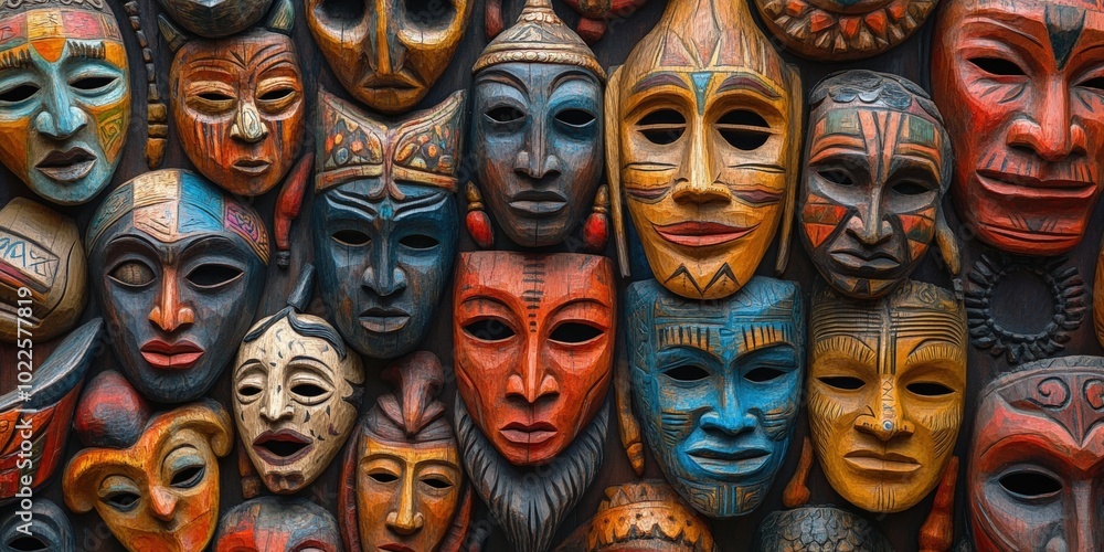 Colorful wooden masks in a display. Colorful wooden masks in a display.