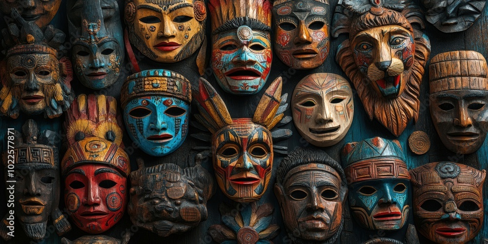 Collection of colorful wooden masks. Collection of colorful wooden masks.