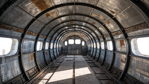  interior of an abandoned aircraft fuselage, showcasing a cylindrical, metallic structure with visible rivets and beams. 