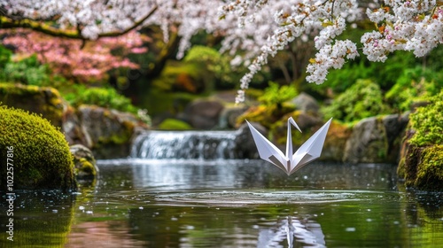 Paper crane floats on water in a serene garden.