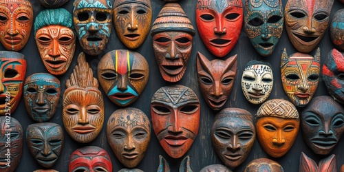 Colorful, wooden, tribal masks on a dark background.