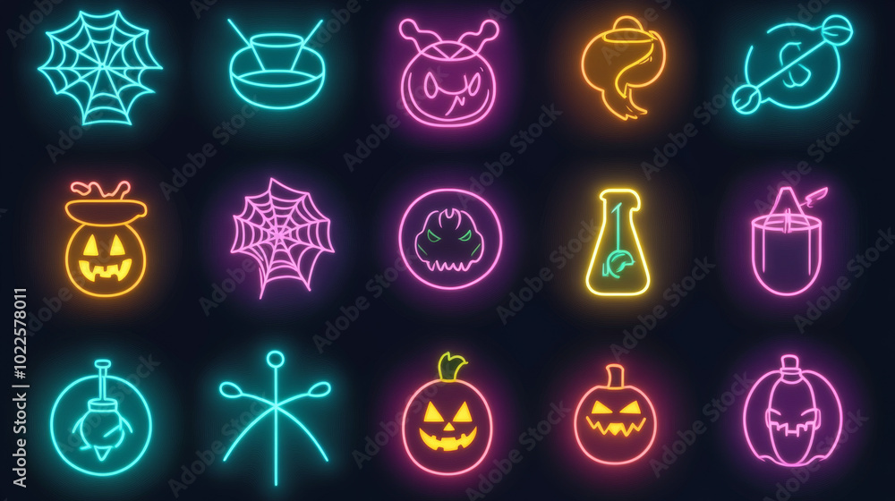 A colorful neon-style Halloween icon set, perfect for parties, logos, emblems, and labels. These line icons are easy to understand and use. A colorful neon-style Halloween icon set, perfect for parties, logos, emblems, and labels. These line icons are easy to understand and use.