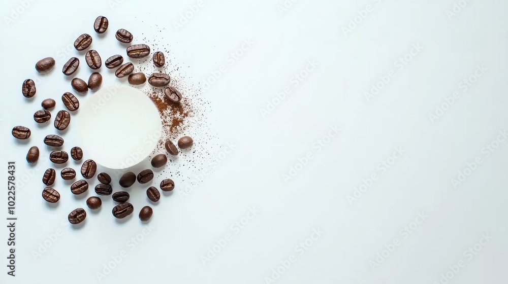 Coffee Beans and Cream on Light Surface Background