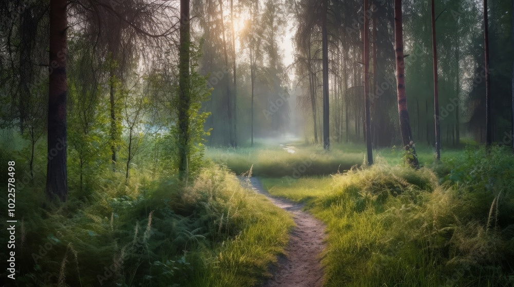 Fototapeta premium A sunlit path winds through a misty forest, dappled light filtering through the trees.