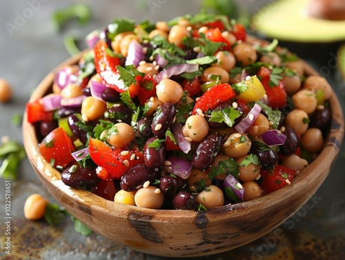 Hearty bean salad with black beans, kidney beans, garbanzo beans, chopped red onions, bell peppers, cherry tomatoes, parsley, cilantro, topped with seeds, and dressed with olive oil and lemon juice 