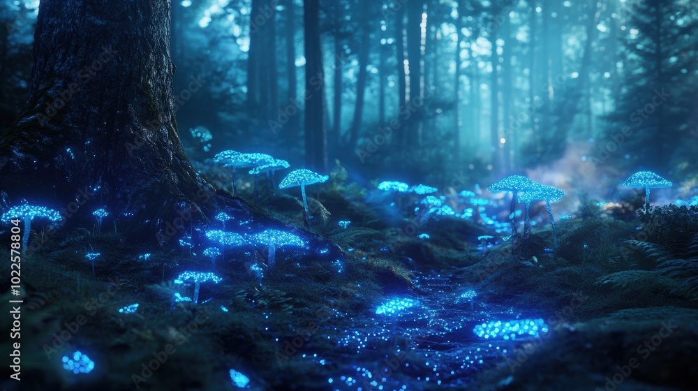 Glowing blue mushrooms in a dark forest. Glowing blue mushrooms in a dark forest.