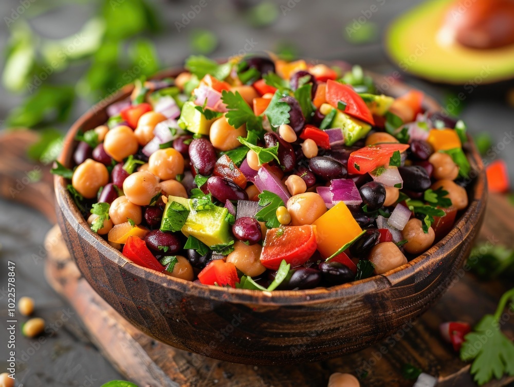 Colorful bean salad with black beans, kidney beans, garbanzo beans, chopped red onions, bell peppers, avocado, parsley, cilantro, and a zesty lemon-olive oil dressing in a rustic bowl
Colorful bean salad with black beans, kidney beans, garbanzo beans, chopped red onions, bell peppers, avocado, parsley, cilantro, and a zesty lemon-olive oil dressing in a rustic bowl