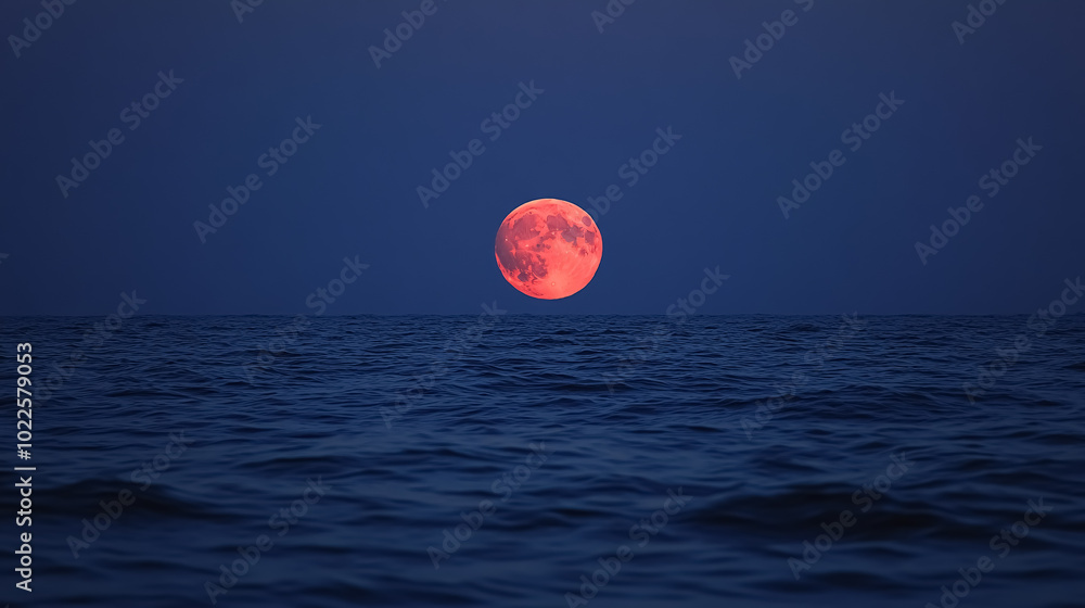 Rising Red Moon Over Baltic Sea: The red moon rising over the dark blue waters of the Baltic Sea. Rising Red Moon Over Baltic Sea: The red moon rising over the dark blue waters of the Baltic Sea.
