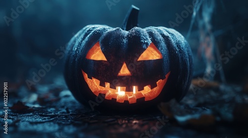 Wallpaper Mural Close-up of a Jack-o'-lantern glowing in the dark: Detailed close-up shot of a carved pumpkin with a flickering candle inside. Torontodigital.ca