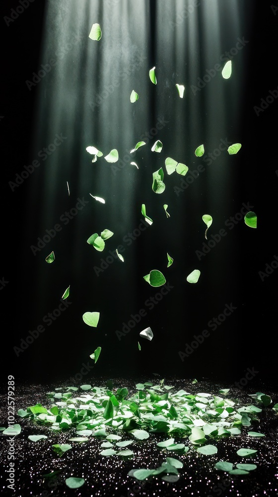 Fototapeta premium A serene display of green leaves floating in a beam of light against a dark background.