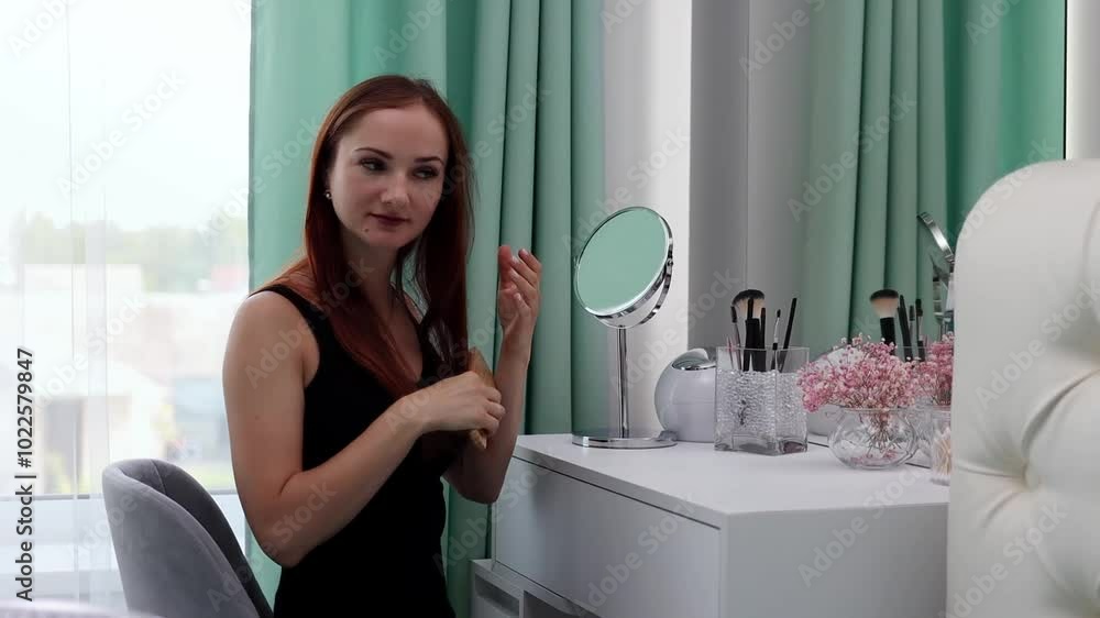 A girl in an evening dress combs her hair. A young attractive woman doing makeup behind a dressing table in slow motion A girl in an evening dress combs her hair. A young attractive woman doing makeup behind a dressing table in slow motion