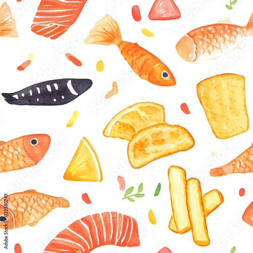 A pattern of fish and chip, hand-drawn style, illustration, a cute patterned background, watercolor, on a white background