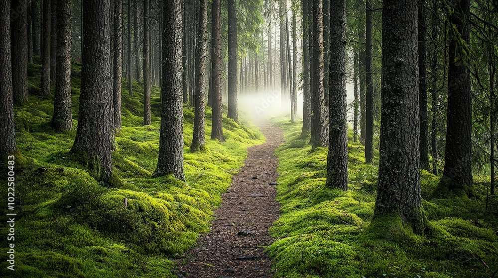 Obraz premium A winding path through a dense forest, with sunlight shining through the trees and creating a magical atmosphere.