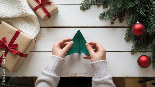 Female hands in a light sweater on a white wooden background make a New Year's origami in the shape of a Christmas tree. Top view, place for text photo