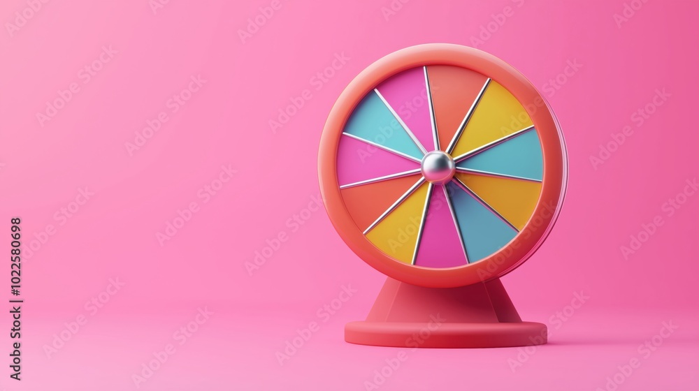 Colorful prize wheel on pink background, vibrant design, playful atmosphere Colorful prize wheel on pink background, vibrant design, playful atmosphere