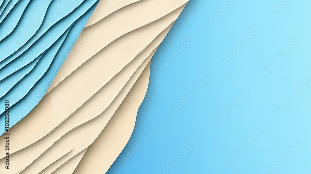 Obraz premium Abstract paper cut design with blue and beige waves on a blue background.