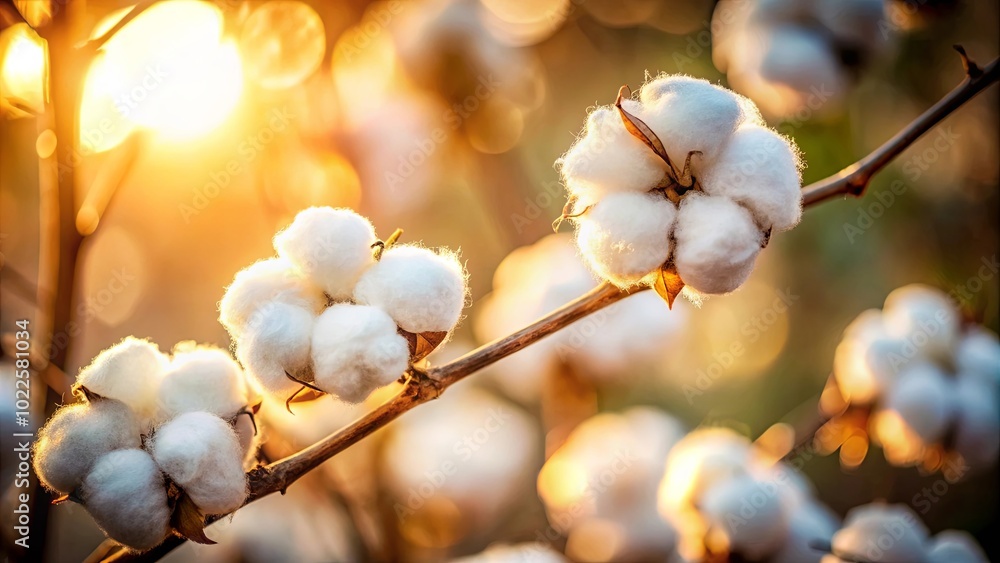 Golden sunlight illuminates fluffy cotton bolls on a branch, a delicate symphony of nature's artistry. Golden sunlight illuminates fluffy cotton bolls on a branch, a delicate symphony of nature's artistry.