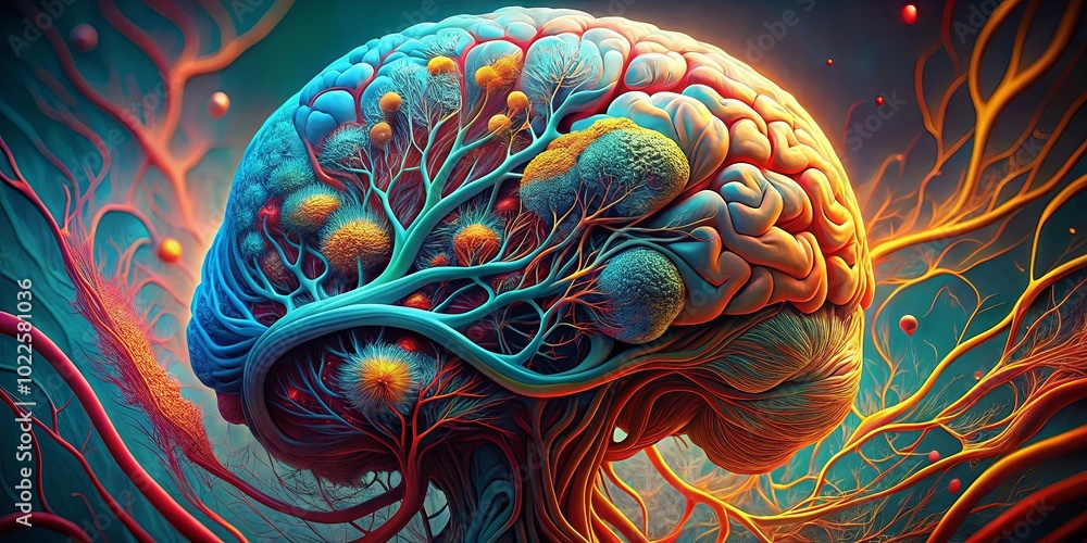 A Vivid Tapestry of Intertwined Neural Pathways and Cerebral Structures, Rendered in Vibrant Hues and Ethereal Detail A Vivid Tapestry of Intertwined Neural Pathways and Cerebral Structures, Rendered in Vibrant Hues and Ethereal Detail